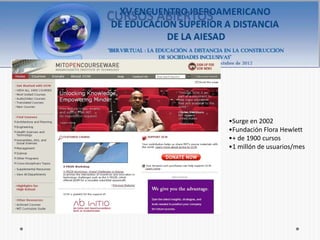CURSOS ABIERTOS




                  •Surge en 2002
                  •Fundación Flora Hewlett
                  •+ de 1900 cursos
                  •1 millón de usuarios/mes
 
