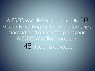 AIESEC-Madison has currently 10

students working on fulltime internships
abroad and during the past year,
AIESEC-Madison has sent

48 students abroad.

 