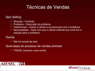 Técnicas de Vendas Spin Selling  Situação - Contexto Problema – Descrição do problema Implicâncias – Induzir o cliente a se preocupar com o problema Necessidades – fazer com que o cliente entenda que você tem a solução para o problema. Outras Não há receita de bolo Qual etapa do processo de vendas priorizar TODAS, inclusive o pós-venda 