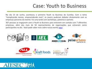 Case: Youth to Business
No dia 23 de Junho, aconteceu o primeiro Youth to Business de Curitiba. Com o tema
“complicando menos, empreendendo mais”, os jovens puderam debater diretamente com as
empresas parceiras do evento. Foi uma tarde com workshops, palestras e painelo.
367 pessoas se engajaram com o Youth to Business para entrarem em contato com 7 diferentes
empresas, além dos mais de 50 representantes de organizações que estiveram como
participantes no dia. Você pode saber mais sobre nosso evento aqui.
 