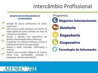 Intercâmbio Profissional
   BENEFÍCIOS DO PROGRAMA DE                   Programas:
          INTERCÂMBIO

Seleção de jovens profissionais de países
específicos;
Fácil acesso e custo acessível a um banco de
dados global de jovens talentos em mais de
110 países e territórios;
Acesso a talentos com experiência em
gestão, empreendedorismo e liderança;
Criação de um ambiente dinâmico, diverso e
internacional dentro da organização;
Acesso a novos mercados, informações e
culturas;
Suporte para questões logísticas do trainee,
como visto, acomodação, recepção e
adaptação, são feitas pela AIESEC.
 