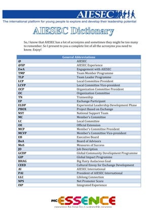  




       	
  
       	
  
       	
  
       So,	
  I	
  know	
  that	
  AIESEC	
  has	
  a	
  lot	
  of	
  acronyms	
  and	
  sometimes	
  they	
  might	
  be	
  too	
  many	
  
       to	
  remember.	
  So	
  I	
  present	
  to	
  you	
  a	
  complete	
  list	
  of	
  all	
  the	
  acronyms	
  you	
  need	
  to	
  
       know.	
  Enjoy!	
  

                                                   General	
  Abbreviations	
  
@	
                                                            AIESEC	
  
@XP	
                                                          AIESEC	
  Experience	
  
EwA	
                                                          Engagement	
  with	
  AIESEC	
  
TMP	
                                                          Team	
  Member	
  Programme	
  
TLP	
                                                          Team	
  Leader	
  Programme	
  
LCP	
                                                          Local	
  Committee	
  President	
  
LCVP	
  	
                                                     Local	
  Committee	
  Vice-­‐president	
  
OCP	
                                                          Organization	
  Committee	
  President	
  
OC	
                                                           Organization	
  Committee	
  
TN	
                                                           Traineeship	
  
EP	
                                                           Exchange	
  Participant	
  
ELDP	
                                                         Experiential	
  Leadership	
  Development	
  Phase	
  
PBOX	
                                                         Project	
  Based	
  on	
  Exchange	
  
NST	
                                                          National	
  Support	
  Team	
  
MC	
                                                           Member’s	
  Committee	
  
LC	
                                                           Local	
  Committee	
  
OE	
                                                           Official	
  Extension	
  
MCP	
                                                          Member’s	
  Committee	
  President	
  
MCVP	
                                                         Member’s	
  Committee	
  Vice-­‐president	
  
EB	
                                                           Executive	
  Board	
  
BoA	
                                                          Board	
  of	
  Advisors	
  
MoS	
                                                          Measures	
  of	
  Success	
  
JD	
                                                           Job	
  Description	
  
GCDP	
                                                         Global	
  Community	
  Development	
  Programme	
  	
  
GIP	
                                                          Global	
  Impact	
  Programme	
  
BHAG	
                                                         Big	
  Hairy	
  Audacious	
  Goal	
  
CEED	
                                                         Cultural	
  Envoy	
  for	
  Exchange	
  Development	
  
AI	
                                                           AIESEC	
  International	
  
PAI	
                                                          President	
  of	
  AIESEC	
  International	
  
LLC	
                                                          Lifelong	
  Connection	
  
NPS	
                                                          Net	
  Promoter	
  Score	
  
IXP	
                                                          Integrated	
  Experience	
  
       	
  


       	
  
 