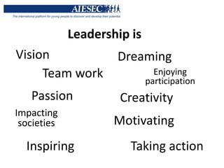 Leadership is
Vision               Dreaming
     Team work                 Enjoying
                             participation
   Passion            Creativity
Impacting
 societies           Motivating
  Inspiring             Taking action
 