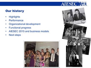 Our history
•   Highlights
•   Performance
•   Organizational development
•   Functional progress
•   AIESEC 2015 and business models
•   Next steps
 