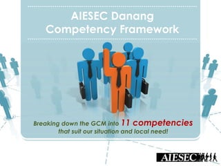 ----------------------------------------------------------------------------------
AIESEC Danang
Competency Framework
----------------------------------------------------------------------------------
Breaking down the GCM into 11 competencies
that suit our situation and local need!
 