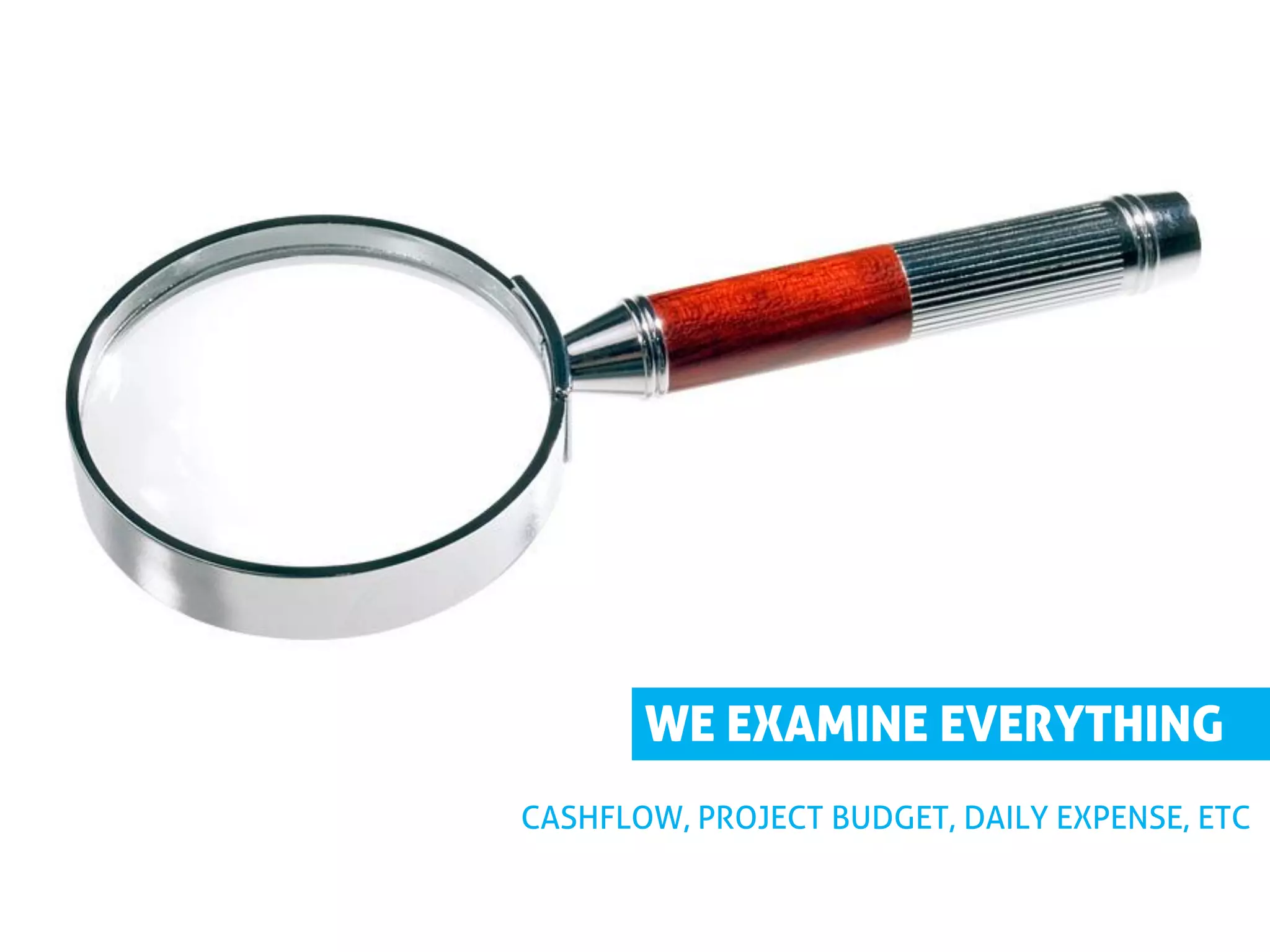 WE EXAMINE EVERYTHING
CASHFLOW, PROJECT BUDGET, DAILY EXPENSE, ETC
 