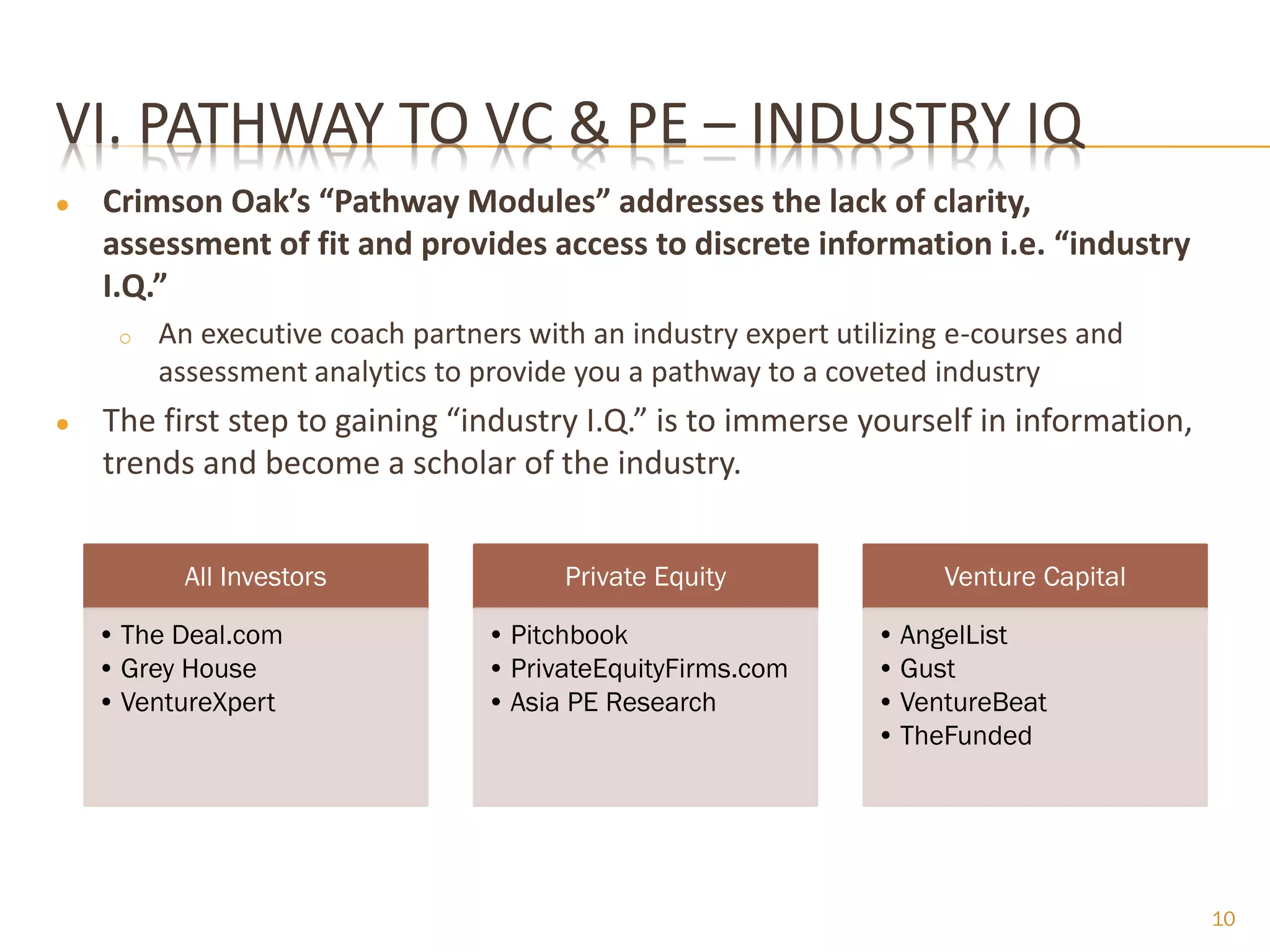 VI. PATHWAY TO VC & PE – INDUSTRY IQ
●   Crimson Oak’s “Pathway Modules” addresses the lack of clarity,
    assessment of fit and provides access to discrete information i.e. “industry
    I.Q.”
     o   An executive coach partners with an industry expert utilizing e-courses and
         assessment analytics to provide you a pathway to a coveted industry
●   The first step to gaining “industry I.Q.” is to immerse yourself in information,
    trends and become a scholar of the industry.


           All Investors                Private Equity                Venture Capital

    • The Deal.com                • Pitchbook                   • AngelList
    • Grey House                  • PrivateEquityFirms.com      • Gust
    • VentureXpert                • Asia PE Research            • VentureBeat
                                                                • TheFunded




                                                                                        10
 