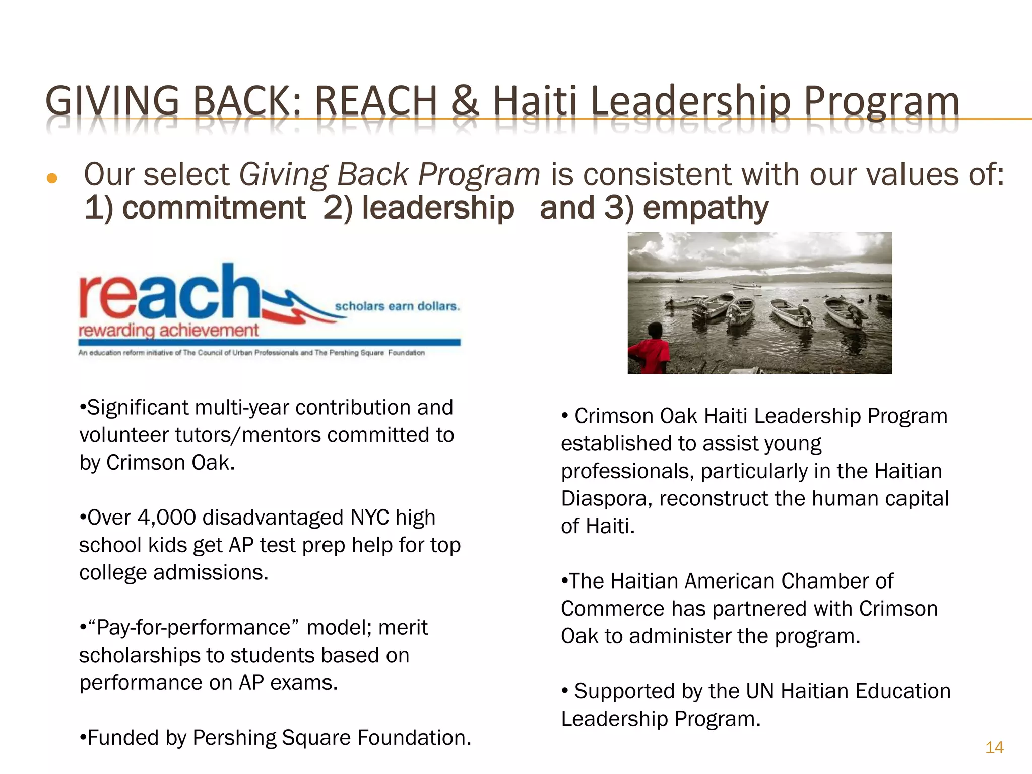 GIVING BACK: REACH & Haiti Leadership Program
●   Our select Giving Back Program is consistent with our values of:
    1) commitment 2) leadership and 3) empathy




    •Significant multi-year contribution and    • Crimson Oak Haiti Leadership Program
    volunteer tutors/mentors committed to       established to assist young
    by Crimson Oak.                             professionals, particularly in the Haitian
                                                Diaspora, reconstruct the human capital
    •Over 4,000 disadvantaged NYC high          of Haiti.
    school kids get AP test prep help for top
    college admissions.                         •The Haitian American Chamber of
                                                Commerce has partnered with Crimson
    •“Pay-for-performance” model; merit         Oak to administer the program.
    scholarships to students based on
    performance on AP exams.                    • Supported by the UN Haitian Education
                                                Leadership Program.
    •Funded by Pershing Square Foundation.                                                   14
 