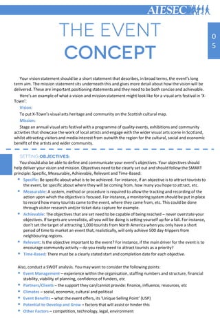 Your vision statement should be a short statement that describes, in broad terms, the event’s long
term aim. The mission statement sits underneath this and gives more detail about how the vision will be
delivered. These are important positioning statements and they need to be both concise and achievable.
Here’s an example of what a vision and mission statement might look like for a visual arts festival in ‘X-
Town’:
Vision:
To put X-Town’s visual arts heritage and community on the Scottish cultural map.
Mission:
Stage an annual visual arts festival with a programme of quality events, exhibitions and community
activities that showcase the work of local artists and engage with the wider visual arts scene in Scotland,
whilst attracting visitors and media interest from outwith the region for the cultural, social and economic
benefit of the artists and wider community.
You should also be able to define and communicate your event’s objectives. Your objectives should
help deliver your vision and mission. Objectives need to be clearly set out and should follow the SMART
principle: Specific, Measurable, Achievable, Relevant and Time-Based:
 Specific: Be specific about what is to be achieved. For instance, if an objective is to attract tourists to
the event, be specific about where they will be coming from, how many you hope to attract, etc.
 Measurable: A system, method or procedure is required to allow the tracking and recording of the
action upon which the objective is focused. For instance, a monitoring system should be put in place
to record how many tourists came to the event, where they came from, etc. This could be done
through visitor research and/or ticket data capture for example.
 Achievable: The objectives that are set need to be capable of being reached – never overstate your
objectives. If targets are unrealistic, all you will be doing is setting yourself up for a fall. For instance,
don’t set the target of attracting 1,000 tourists from North America when you only have a short
period of time to market an event that, realistically, will only achieve 500 day-trippers from
neighbouring regions.
 Relevant: Is the objective important to the event? For instance, if the main driver for the event is to
encourage community activity – do you really need to attract tourists as a priority?
 Time-Based: There must be a clearly stated start and completion date for each objective.
Also, conduct a SWOT analysis. You may want to consider the following points:
 Event Management – experience within the organisation, staffing numbers and structure, financial
stability, viability of planning, confidence of funders, etc
 Partners/Clients – the support they can/cannot provide: finance, influence, resources, etc
 Climates – social, economic, cultural and political
 Event Benefits – what the event offers, its ‘Unique Selling Point’ (USP)
 Potential to Develop and Grow – factors that will assist or hinder this
 Other Factors – competition, technology, legal, environment
0
5
 