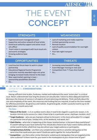  Experienced event management team
 Supportive and active network of local artists
 Good local authority support and active visual
arts officer
 Event vision is convergent with local visual arts
and events strategies
 Growing audience base
 Etc…
 Lack of marketing and media expertise
 Limited sponsorship success
 Remote location
 Lack of quality accommodation for overnight
visitors
 Poor late night transport
 Etc…
 Local tourism forum keen to work in closer
partnership
 Educational Regional Events Programme
 Local artist recently awarded major arts prize
bringing increased media interest to the town
 New supermarket opening in town –
sponsorship possibilities attached
 Etc…
 Increasing costs/standstill funding
 Event Manager moving on next year
 Competition from ‘Y-Town Arts Festival’
 Etc…
0
6
Lead Time:
Having sufficient time to plan, fundraise, market and implement the event ‘action plan’ is a critical
issue. Never underestimate how long the process can actually take. Failure to allow adequate lead time
decreases the chances of success in all aspects of event planning and delivery. Think carefully about the
size and complexity of the event, the resources and funding that are required, as well as the time needed
for effective promotion. Be generous and realistic. As general guide, smaller successful events (up to 50
people) takes 1 month and a half.
The Date:
 Nature of the Event – is it an outdoor event; does it need to be staged in a particular season; is its
location intrinsic to its success (i.e. does it have to be in a particular venue, city/town, location, etc)?
 Target Audience – who are you hoping to attract to the event: is this more achievable if it is staged
at a particular time of year, holiday time, at the weekend, mid-week, etc?
 Clash Diaries – what else is happening at the chosen location/venue; is the event diary overly busy?
It’s worth talking to your local authority? You should also check to see if your event clashes with any
similar events further afield that may also attract your target audience or participants.
 Complementary Activity – are there any complementary events or activities taking place at the
same time that could assist your event? Could you work together for mutual benefits?
 Competition – are there other similar themed or scaled events taking place that are targeted at the
same audience? Is there room for your event in the marketplace at your chosen time of year?
 