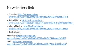 Newsletters link
• Pre-raise: http://us3.campaign-
archive1.com/?u=2e87600fa4fe303f3dc20f547&id=83fd575c43
• Raise2Match: http://us8.campaign-
archive2.com/?u=598c2285ca199776eea57825f&id=26848e0958&e=
• Match2Realize: http://us3.campaign-
archive1.com/?u=2e87600fa4fe303f3dc20f547&id=b78c747a6e
• Realization:
Malaysia: http://us3.campaign-
archive2.com/?u=2e87600fa4fe303f3dc20f547&id=aaa2af352f
India: http://us3.campaign-
archive1.com/?u=2e87600fa4fe303f3dc20f547&id=b36624dc67
 