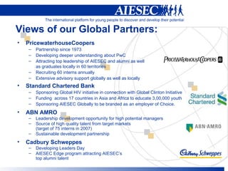 Views of our Global Partners: PricewaterhouseCoopers Partnership since 1973 Developing deeper understanding about PwC Attracting top leadership of AIESEC and alumni as well as graduates locally in 60 territories Recruiting 60 interns annually Extensive advisory support globally as well as locally Standard Chartered Bank Sponsoring Global HIV initiative in connection with Global Clinton Initiative Funding  across 17 countries in Asia and Africa to educate 3,00,000 youth  Sponsoring AIESEC Globally to be branded as an employer of Choice. ABN AMRO Leadership development opportunity for high potential managers Source of high quality talent from target markets (target of 75 interns in 2007) Sustainable development partnership Cadbury Schweppes Developing Leaders Day AIESEC Edge program attracting AIESEC’s top alumni talent 