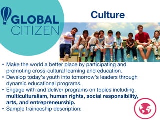 Culture 
• Make the world a better place by participating and 
promoting cross-cultural learning and education. 
• Develop today’s youth into tomorrow’s leaders through 
dynamic educational programs. 
• Engage with and deliver programs on topics including: 
multiculturalism, human rights, social responsibility, 
arts, and entrepreneurship. 
• Sample traineeship description: 
 