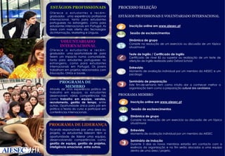 ESTÁGIOS PROFISSIONAIS

	
   O f e r e c e a e s t u d a n t e s e r e c é m profissional
	
   graduados uma experiênciaestudantes
internacional, tanto para
portugueses no estrangeiro, como para
estudantes internacionais em Portugal. As
áreas com mais oferta são Tecnologias
da Informação, Marketing e Línguas.

PROCESSO SELEÇÃO
ESTÁGIOS PROFISSIONAIS E VOLUNTARIADO INTERNACIONAL

	
  
	
  

	
  
	
  

VOLUNTARIADO
INTERNACIONAL

 
Teste de Inglês / Certificado de Inglês

Certificado de nível B2 ou superior ou realização de um teste de
aferição de inglês realizado pela Oxford School 

Entrevista

Momento de avaliação individual por um membro da AIESEC e um
psicólogo

 
Seminário de preparação

PROGRAMA DE
MEMBRO

PROGRAMA DE LIDERANÇA
Ficando responsáveis por uma área ou
projeto, os estudantes lideram têm a
oportunidade de liderar uma equipa,
desenvolvendo competências como
gestão de equipa, gestão de projetos,
inteligência emocional, entre outras.	
  

 Sessão de esclarecimentos
 
Dinâmica de grupo
Consiste na resolução de um exercício ou discussão de um tópico
atual/moral

Oferece a estudantes e recémgraduados uma oportunidade de para
terem um impacto numa comunidade,
tanto para estudantes portugueses no
estrangeiro, como para estudantes
internacionais em Portugal. Os jovens
trabalham em projetos relacionados com
Educação, ONGs e Saúde.

Através de uma experiência prática de
trabalho em equipa, os estudantes
desenvolvem várias competências tais
como trabalho em equipa, vendas,
recrutamento, gestão de tempo, entre
outras. Oportunidade única para pôr em
prática a teoria do curso e participar em
conferências internacionais.

Inscrição online em www.aiesec.pt

Este fim-de-semana tem como intuito dar a conhecer melhor a
createconnection.aiesec.ptdos candidatos
organização bem como a preparação cultural

PROGRAMA MEMBRO

	
  
	
  

	
  
	
  

Inscrição online em www.aiesec.pt
 Sessão de esclarecimentos
 
Dinâmica de grupo
Consiste na resolução de um exercício ou discussão de um tópico
atual/moral

 
Entrevista

Momento de avaliação individual por um membro da AIESEC

 
Seminário de Indução

Durante 3 dias os novos membros estarão em contacto com a
essência da organização e no fim serão alocados a uma equipa
dentro de uma área / projeto.

 