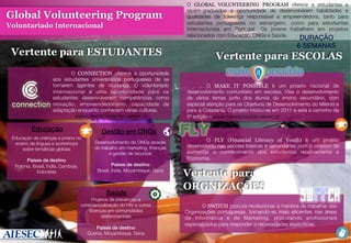  

Global Volunteering Program
Voluntariado Internacional

 
 Vertente para ESTUDANTES
O CONNECTION oferece a oportunidade
aos estudantes universitários portugueses de se
tornarem agentes de mudança. O voluntariado
internacional é uma oportunidade para os
estudantes desenvolverem competências como
inovação, empreendedorismo, capacidade de
adaptação enquanto conhecem várias culturas. 
www.createconnection.aiesec.pt
.	
  

Educação!
Educação de crianças e jovens no
ensino de línguas e workshops
sobre temáticas globais

Países de destino!
Polónia, Brasil, Índia, Camboja,
Indonésia

O GLOBAL VOLUNTEERING PROGRAM oferece a estudantes e
recém-graduados a oportunidade de desenvolverem habilidades e
qualidades de liderança responsável e empreendedora, tanto para
estudantes portugueses no estrangeiro, como para estudantes
internacionais em Portugal. Os jovens trabalham em projetos
relacionados com Educação, ONGs e Saúde. 

DURAÇÃO!
6 SEMANAS!

Vertente para ESCOLAS

 O MAKE IT POSSIBLE é um projeto nacional de
desenvolvimento comunitário em escolas. Visa o desenvolvimento
de vários temas junto dos alunos do ensino secundário, com
especial atenção para os Objetivos de Desenvolvimento do Milénio e
para a Cidadania. O projeto iniciou-se em 2011 e está a caminho da
5ª edição – www.makeitpossible.aiesec.pt

Gestão em ONGs!
Desenvolvimento de ONGs através
do trabalho em marketing, ﬁnanças
e gestão de recursos
 
Países de destino!
Brasil, Índia, Moçambique, Gana

Saúde!
Projetos de prevenção e
consciencialização do HIV e outras
doenças em comunidades
desfavorecidas

 
Países de destino!
Quénia, Moçambique, Gana


 O FLY (Financial Literacy of Youth) é um projeto
desenvolvido nas escolas básicas e secundárias com o objetivo de
aumentar o conhecimento dos estudantes relativamente a
Economia.

Vertente para
ORGNIZAÇÕES
O SWITCH procura revolucionar a maneira de trabalhar das
Organizações portuguesas, tornando-as mais eﬁcientes nas áreas
de Informática e de Marketing, procurando proﬁssionais
especializados para responder a necessidades especíﬁcas.

 