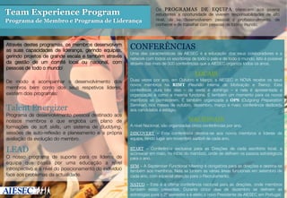  

Team Experience Program
Programa de Membro e Programa de Liderança

 
Através destes programas, os membros desenvolvem
as suas capacidades de liderança, gerindo equipas,
gerindo projetos de grande escala e também através
da gestão de um comité local ou nacional, com
pessoas de todo o mundo!

Talent Energizer

Programa de desenvolvimento pessoal destinado aos
nossos membros e que engloba um plano de
formações de soft skills, um sistema de Buddying,
sessões de auto-reﬂexão e planeamento e a própria
avaliação da evolução do membro.


LEAD

O nosso programa de suporte para os líderes de
equipa que passa por uma educação a nível
introspectivo e a nível do posicionamento do indivíduo
face aos problemas da actualidade.

	
  

CONFERÊNCIAS

Uma das características da AIESEC é a educação dos seus colaboradores e a
network com todos os escritórios de todo o país e de todo o mundo. Isto é possível
através das mais de 500 conferências que a AIESEC organiza todos os anos.


LOCAIS




De modo a acompanhar o desenvolvimento dos
membros bem como dos seus respetivos líderes,
existem dois programas:


Os PROGRAMAS DE EQUIPA oferecem aos jovens
.	

estudantes a oportunidade de viverem responsabilidades de alto
nível, de se desenvolverem pessoal e proﬁssionalmente, de
conhecer e de trabalhar com pessoas de todo o mundo.

Duas vezes por ano, em Outubro e Março, a AIESEC in NOVA recebe os seus
novos membros na RIMT (Reunião Interna de Motivação e Treino). Esta
conferência dura três dias – de sexta a domingo – e nela é apresentada a
organização e como a mesma funciona. É também um momento para os novos
membros se conhecerem. É também organizada a OPS (Outgoing Preparation
Seminar), nos meses de outubro, dezembro, março e maio; conferência dedicada
aos candidatos a estágio.



NACIONAIS
A nível Nacional, são organizadas cinco conferências por ano.


DISCOVERY – Esta conferência destina-se aos novos membros e líderes de
equipa, tendo lugar em novembro eaAbril de cada ano.

START – Conferência exclusiva para as Direções de cada escritório local, a
acontecer em maio, no início do mandato, onde de deﬁnem os passos estratégicos
para o ano.


SFM – A September Functional Meeting é obrigatória para as direções e destina-se
também aos membros. Nela se juntam as várias áreas funcionais em setembro de
cada ano, com especial atenção para o Recrutamento.


NATCO – Esta é a última conferência nacional para as direções, onde membros
também estão presentes. Durante cinco dias de dezembro se deﬁnem as
estratégias para o 2º semestre e é eleito o novo Presidente da AIESEC em Portugal.

 