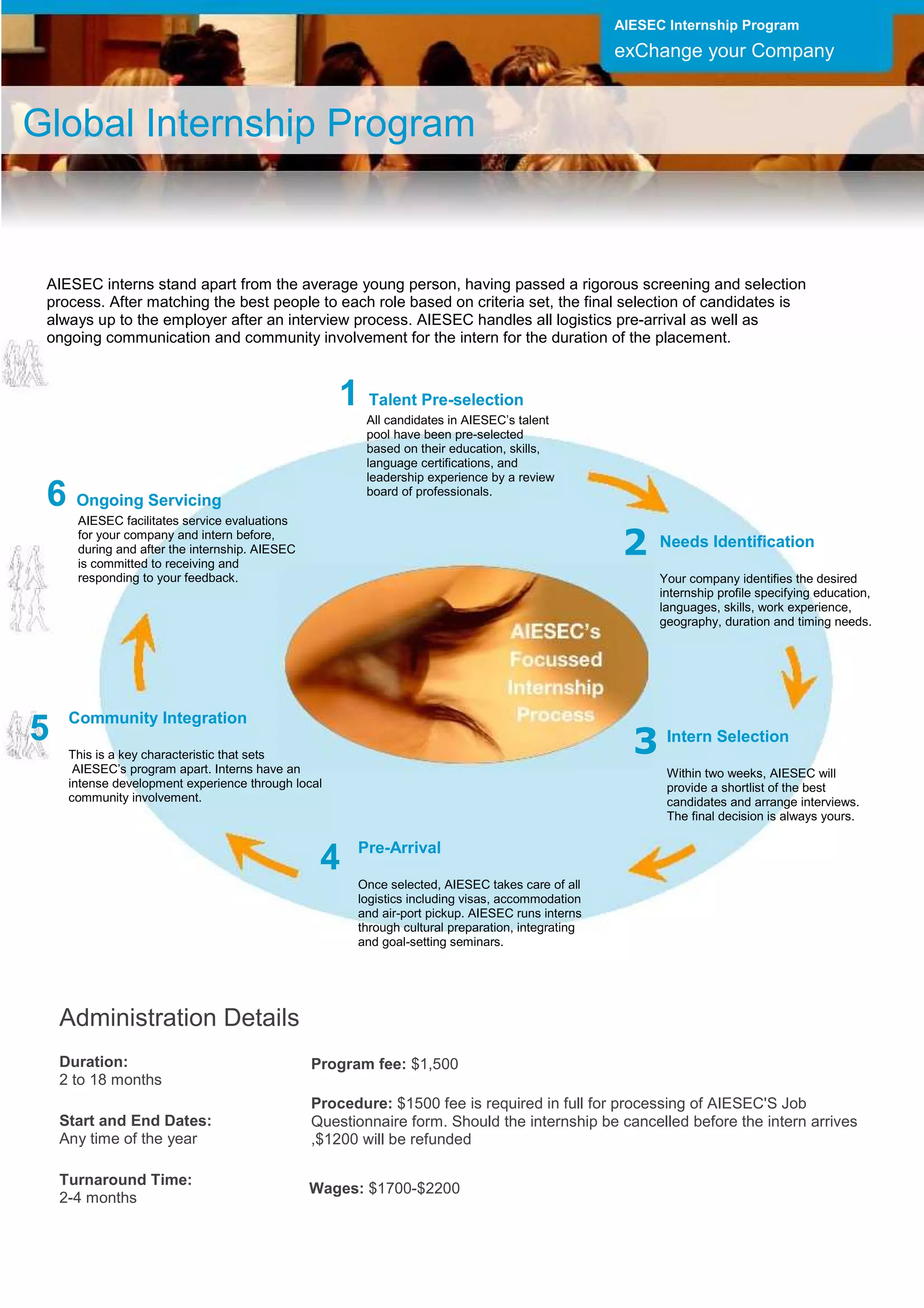 AIESEC Internship Program
                                                                                                  exChange your Company



Global Internship Program


 AIESEC interns stand apart from the average young person, having passed a rigorous screening and selection
 process. After matching the best people to each role based on criteria set, the final selection of candidates is
 always up to the employer after an interview process. AIESEC handles all logistics pre-arrival as well as
 ongoing communication and community involvement for the intern for the duration of the placement.



                                                    1 Talent Pre-selection
                                                        All candidates in AIESEC’s talent
                                                        pool have been pre-selected
                                                        based on their education, skills,
                                                        language certifications, and
                                                        leadership experience by a review
 6 Ongoing Servicing                                    board of professionals.

      AIESEC facilitates service evaluations
      for your company and intern before,
      during and after the internship. AIESEC
      is committed to receiving and
                                                                                                   2    Needs Identification

      responding to your feedback.                                                                      Your company identifies the desired
                                                                                                        internship profile specifying education,
                                                                                                        languages, skills, work experience,
                                                                                                        geography, duration and timing needs.




     Community Integration
5                                                                                                   3 Intern Selection
     This is a key characteristic that sets
      AIESEC’s program apart. Interns have an                                                            Within two weeks, AIESEC will
     intense development experience through local                                                        provide a shortlist of the best
     community involvement.                                                                              candidates and arrange interviews.
                                                                                                         The final decision is always yours.

                                                      Pre-Arrival
                                                 4
                                                      Once selected, AIESEC takes care of all
                                                      logistics including visas, accommodation
                                                      and air-port pickup. AIESEC runs interns
                                                      through cultural preparation, integrating
                                                      and goal-setting seminars.




    Administration Details
    Duration:                                   Program fee: $1,500
    2 to 18 months
                                                Procedure: $1500 fee is required in full for processing of AIESEC'S Job
    Start and End Dates:                        Questionnaire form. Should the internship be cancelled before the intern arrives
    Any time of the year                        ,$1200 will be refunded

    Turnaround Time:
                                                Wages: $1700-$2200
    2-4 months
 