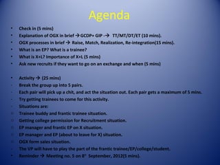Agenda
•   Check in (5 mins)
•   Explanation of OGX in brief GCDP+ GIP - TT/MT/DT/ET (10 mins).
•   OGX processes in brief  Raise, Match, Realization, Re-integration(15 mins).
•   What is an EP? What is a trainee?
•   What is X+L? Importance of X+L (5 mins)
•   Ask new recruits if they want to go on an exchange and when (5 mins)

•   Activity  (25 mins)
-   Break the group up into 5 pairs.
-   Each pair will pick up a chit, and act the situation out. Each pair gets a maximum of 5 mins.
-   Try getting trainees to come for this activity.
-   Situations are:
o   Trainee buddy and frantic trainee situation.
o   Getting college permission for Recruitment situation.
o   EP manager and frantic EP on X situation.
o   EP manager and EP (about to leave for X) situation.
o   OGX form sales situation.
-   The VP will have to play the part of the frantic trainee/EP/college/student.
•   Reminder  Meeting no. 5 on 8TH September, 2012(5 mins).
 