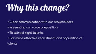 Clear communication with our stakeholders
Presenting our value preposition,
To attract right talents,
For more effective recruitment and aqcuisition of
talents
 