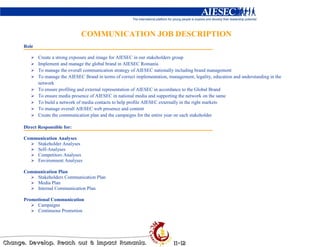 COMMUNICATION JOB DESCRIPTION
Role

       Create a strong exposure and image for AIESEC in our stakeholders group
       Implement and manage the global brand in AIESEC Romania
       To manage the overall communication strategy of AIESEC nationally including brand management
       To manage the AIESEC Brand in terms of correct implementation, management, legality, education and understanding in the
       network
       To ensure profiling and external representation of AIESEC in accordance to the Global Brand
       To ensure media presence of AIESEC in national media and supporting the network on the same
       To build a network of media contacts to help profile AIESEC externally in the right markets
       To manage overall AIESEC web presence and content
       Create the communication plan and the campaigns for the entire year on each stakeholder

Direct Responsible for:

Communication Analyses
    Stakeholder Analyses
    Self-Analyses
    Competitors Analyses
    Environment Analyses

Communication Plan
    Stakeholders Communication Plan
    Media Plan
    Internal Communication Plan

Promotional Communication
     Campaigns
     Continuous Promotion
 