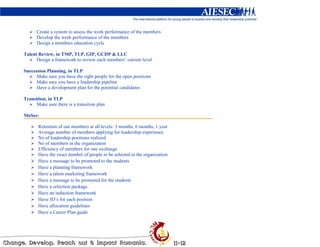 Create a system to assess the work performance of the members
      Develop the work performance of the members
      Design a members education cycle

Talent Review, in TMP, TLP, GIP, GCDP & LLC
      Design a framework to review each members’ current level

Succession Planning, in TLP
      Make sure you have the right people for the open positions
      Make sure you have a leadership pipeline
      Have a development plan for the potential candidates

Transition, in TLP
     Make sure there is a transition plan

MoSes:

       Retention of our members at all levels: 3 months, 6 months, 1 year
       Average number of members applying for leadership experience
       No of leadership positions realized
       No of members in the organization
       Efficiency of members for one exchange
       Have the exact number of people to be selected in the organization
       Have a message to be promoted to the students
       Have a planning framework
       Have a talent marketing framework
       Have a message to be promoted for the students
       Have a selection package
       Have an induction framework
       Have JD’s for each position
       Have allocation guidelines
       Have a Career Plan guide
 