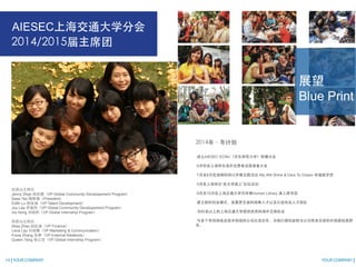 Jenny Zhao VP Global Community Developement Program
Sasa Tao President
Edith Lu VP Talent Development
Joy Lee VP Global Community Developement Program
Iris Hong VP Global Internship Program
Alisa Zhao VP Finance
Lena Lau VP Marketing  Communication
Fiona Zhang VP External Relations
Queen Yang VP Global Internship Program
14 | YOUR COMPANY
AIESEC
 AIESEC ECNU
6
7 8 We Will Shine  Dare To Dream
  
9 10 Human Library

 80

YOUR COMPANY | 1
Blue Print
 