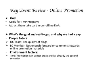 Key Event Review - Online Promotion	

??? Goal	
 ?
?? Apply	
 ?for	
 ?TMP	
 ?Program;	
 ?
?? A]ract	
 ?them	
 ?take	
 ?part	
 ?in	
 ?our	
 ?o?ine	
 ?EwA;	
 ?
	
 ?
???Whats	
 ?the	
 ?goal	
 ?and	
 ?reality	
 ?gap	
 ?and	
 ?why	
 ?we	
 ?had	
 ?a	
 ?gap	
 ?
?? People	
 ?Fators	
 ?
??? OC	
 ?Team:	
 ?The	
 ?quality	
 ?of	
 ?blogs	
 ?
??? LC	
 ?Member:	
 ?Not	
 ?enough	
 ?forward	
 ?or	
 ?comments	
 ?towards	
 ?
online	
 ?promo;on	
 ?materials	
 ?
?? Environment	
 ?factors:	
 ?
??? Time:	
 ?Promo;on	
 ?is	
 ?in	
 ?winter	
 ?break	
 ?and	
 ?its	
 ?already	
 ?the	
 ?second	
 ?
semester	
 ?
 