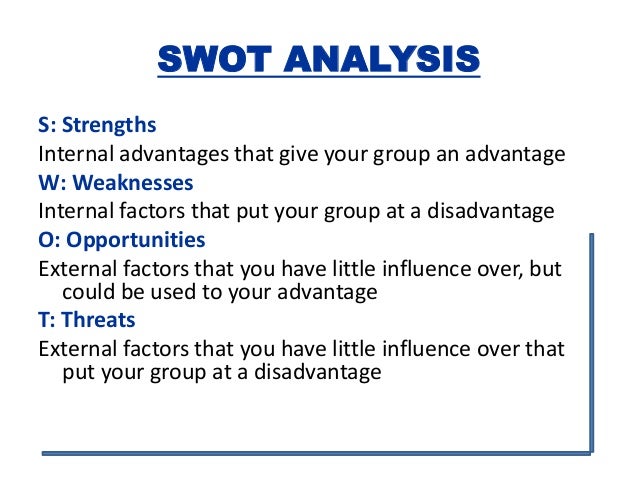 swot analysiss Swot analysis a way to identify and analyze a company's goals by assessing its strength, weaknesses, opportunities, and threats an advantage to swot analysis is that it . swot analysiss Swot analysis a way to identify and analyze a company's goals by assessing its strength, weaknesses, opportunities, and threats an advantage to swot analysis is that it .