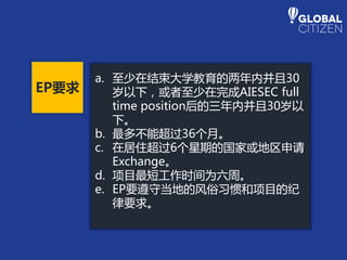 EP要求
a. 至少在结束大学教育的两年内并且30
岁以下，或者至少在完成AIESEC full
time position后的三年内并且30岁以
下。
b. 最多不能超过36个月。
c. 在居住超过6个星期的国家或地区申请
Exchange。
d. 项目最短工作时间为六周。
e. EP要遵守当地的风俗习惯和项目的纪
律要求。
 
