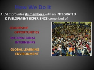 How We Do It
AIESEC provides its members with an INTEGRATED
   DEVELOPMENT EXPERIENCE comprised of

     LEADERSHIP
        OPPORTUNITIES
      INTERNATIONAL
         INTERNSHIPS
      GLOBAL LEARNING
        ENVIRONMENT
 