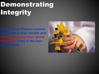 Demonstrating
Integrity

We want our Future Leaders
to be true to their beliefs and
not compromise their Moral
Principles even in the face
of adversity
 