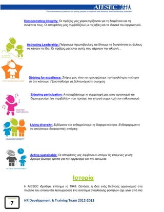 HR Development & Training Team 2012-2013
7
Demonstrating Integrity: Οι πράξεις μας χαρακτηρίζονται για τη διαφάνεια και τη
συνέπεια τους. Οι αποφάσεις μας συμβαδίζουν με τις αξίες και τα ιδανικά του οργανισμού.
Activating Leadership: Παίρνουμε πρωτοβουλίες και δίνουμε τη δυνατότητα σε άλλους
να κάνουν το ίδιο. Οι πράξεις μας είναι αυτές που φέρνουν την αλλαγή. .
Striving for excellence: Στόχος μας είναι να προσφέρουμε την υψηλότερη ποιότητα
σε ό,τι κάνουμε. Προσπαθούμε να βελτιωνόμαστε συνεχώς
Enjoying participation: Απολαμβάνουμε τη συμμετοχή μας στον οργανισμό και
δημιουργούμε ένα περιβάλλον που προάγει την ενεργή συμμετοχή τον ενθουσιασμό.
Living diversity: Σεβόμαστε και ενθαρρύνουμε τη διαφορετικότητα. Ενδιαφερόμαστε
να ακούσουμε διαφορετικές απόψεις.
Acting sustainable: Οι αποφάσεις μας λαμβάνουν υπόψιν τις επόμενες γενιές.
Δρούμε βιώσιμο τρόπο για τον οργανισμό και την κοινωνία.
Ιστορία
H AIESEC ιδρύθηκε επίσημα το 1948. Ωστόσο, η ιδέα ενός διεθνούς οργανισμού στα
πλαίσια του οποίου θα λειτουργούσε ένα σύστημα ανταλλαγής φοιτητών είχε γίνει από πιο
 