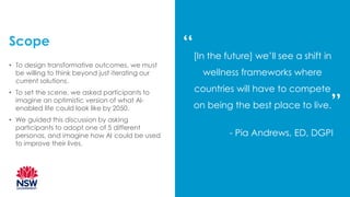 [In the future] we’ll see a shift in
wellness frameworks where
countries will have to compete
on being the best place to live.
- Pia Andrews, ED, DGPI
Scope
• To design transformative outcomes, we must
be willing to think beyond just iterating our
current solutions.
• To set the scene, we asked participants to
imagine an optimistic version of what AI-
enabled life could look like by 2050.
• We guided this discussion by asking
participants to adopt one of 5 different
personas, and imagine how AI could be used
to improve their lives.
”
“
 