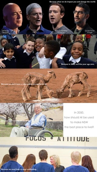 In 2050,
how should AI be used
to make NSW
the best place to live?
Because we need help to stop reoffending.
Because you could be me by 2050.
Because in 2050, we’ll be your age now.
Because what we do impact you and change the world.
Jeff Bezos
Amazon
Tim Cook
Apple
Mark Zuckerberg
Facebook
Sundar Pichai
Google
Because we don’t have a voice unless you speak for us.
 