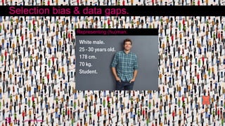 Selection bias & data gaps.
Representing (hu)man.
White male.
25 - 30 years old.
178 cm.
70 kg.
Student.
 