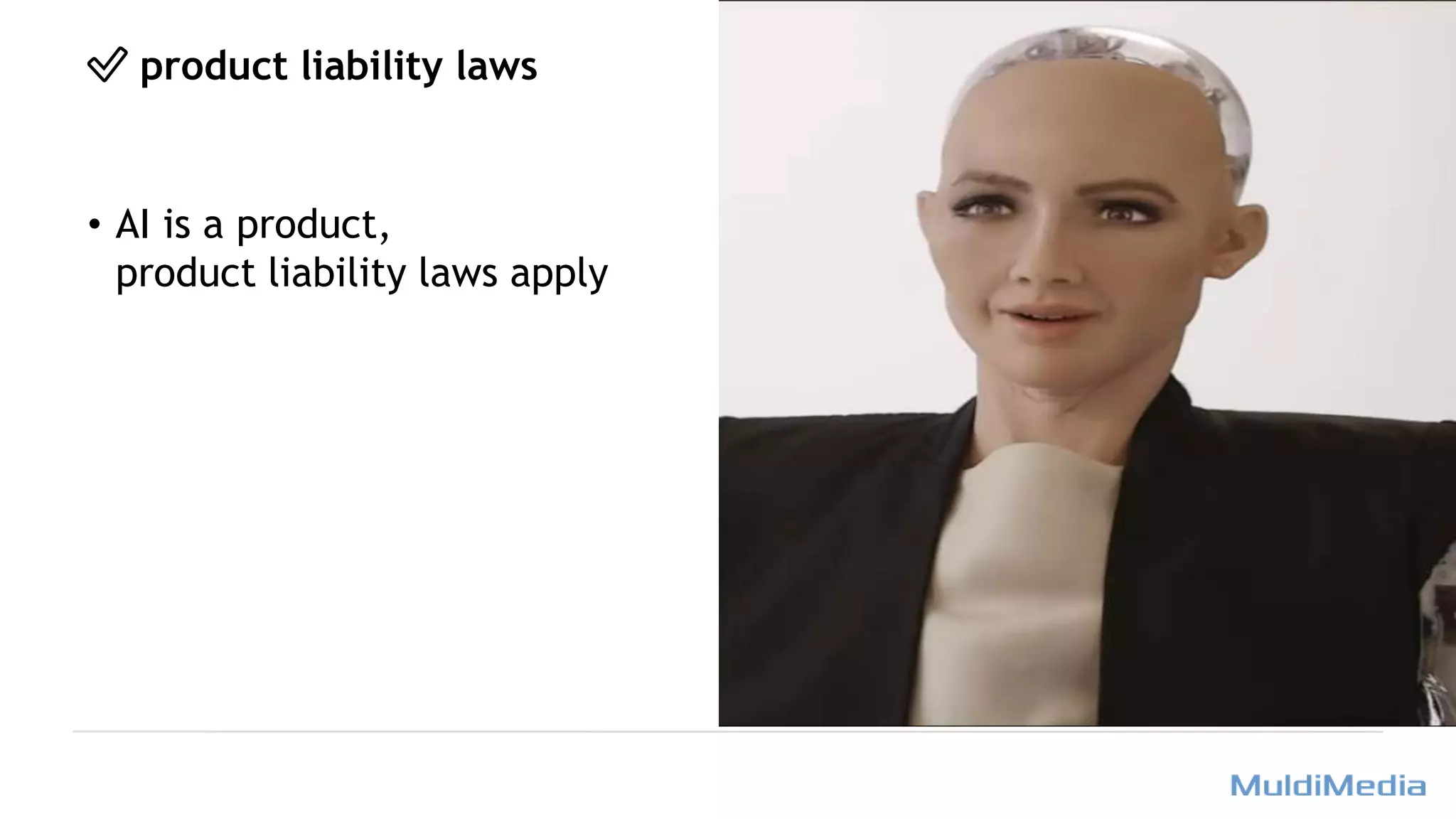 ✅ product liability laws
• AI is a product,
product liability laws apply
 