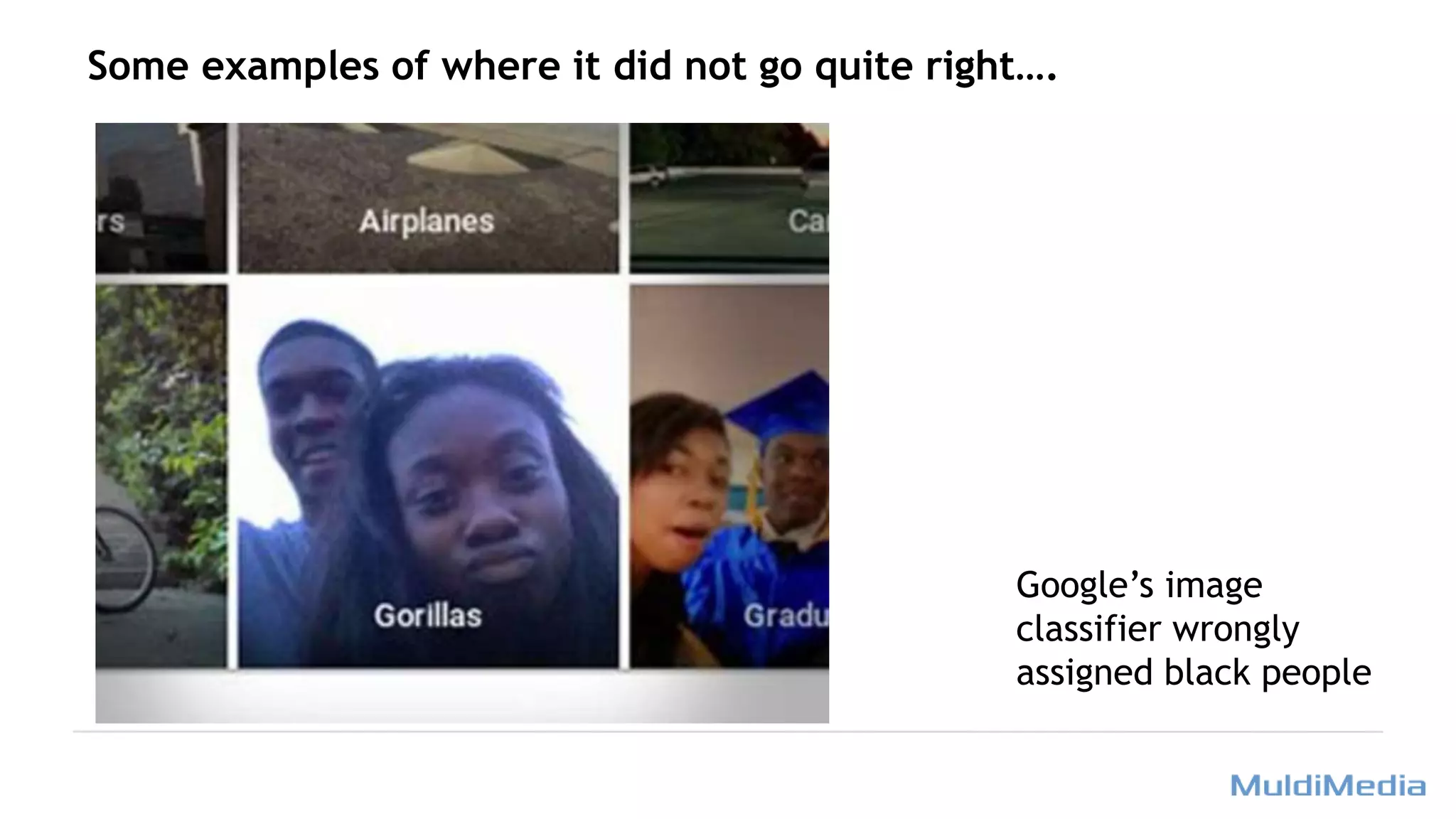 Some examples of where it did not go quite right….
Google’s image
classifier wrongly
assigned black people
 