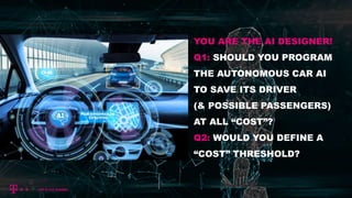 YOU ARE THE AI DESIGNER!
Q1: SHOULD YOU PROGRAM
THE AUTONOMOUS CAR AI
TO SAVE ITS DRIVER
(& POSSIBLE PASSENGERS)
AT ALL “COST”?
Q2: WOULD YOU DEFINE A
“COST” THRESHOLD?
 