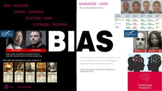 KIM = WOMAN
NURSE = WOMAN
DOCTOR = MAN
COOKING = WOMAN
MANAGER = MAN
HIGH RISK LOW RISK
https://www.propublica.org/article/machine-
bias-risk-assessments-in-criminal-sentencing
“Men also like shopping” by Jieyu Zhao et al.
By Joy Buolamwini et al
https://newrepublic.com/article/144644/turns-
algorithms-racist
As AIbecomes more andmorecomplex, it can
become difficult for even its own designers
understand why it acts the way it does.
 