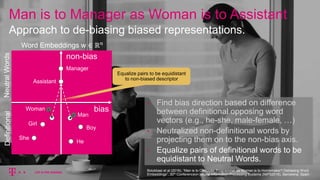 Man is to Manager as Woman is to Assistant
Approach to de-biasing biased representations.
bias
non-bias
Assistant
Manager
Man
Woman
He
She
Bolukbasi et al (2016), “Man is to Computer Programmer as Woman is to Homemaker? Debiasing Word
Embeddings”, 30th Conferenceon Neural Information Processing Systems (NIPS2016), Barcelona, Spain
Equalize pairs to be equidistant
to non-biased descriptor
Girl
Boy
DefinitionalNeutralWords
Word Embeddings w ∈ ℝ 𝑛
• Find bias direction based on difference
between definitional opposing word
vectors (e.g., he-she, male-female, …)
• Neutralized non-definitional words by
projecting them on to the non-bias axis.
• Equalize pairs of definitional words to be
equidistant to Neutral Words.
 