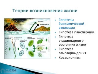  Гипотезы
биохимической
эволюции
 Гипотеза панспермии
 Гипотеза
стационарного
состояния жизни
 Гипотеза
самозарождения
 Креационизм
 