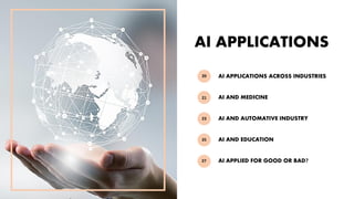 AI APPLICATIONS
AI APPLICATIONS ACROSS INDUSTRIES
AI AND MEDICINE
AI AND AUTOMATIVE INDUSTRY
AI AND EDUCATION
AI APPLIED FOR GOOD OR BAD?
23
21
20
25
27
 