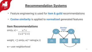 Recommendation Systems
• Feature engineering is used for item & guild recommendations
• Cosine similarity is applied to normalized generated features
Item Recommendations
sim(u, v) = u * v
|| u || * || v ||
weighti
= ∑ sim(u, w) * rating(w, i)
w = user neighborhood
12
 