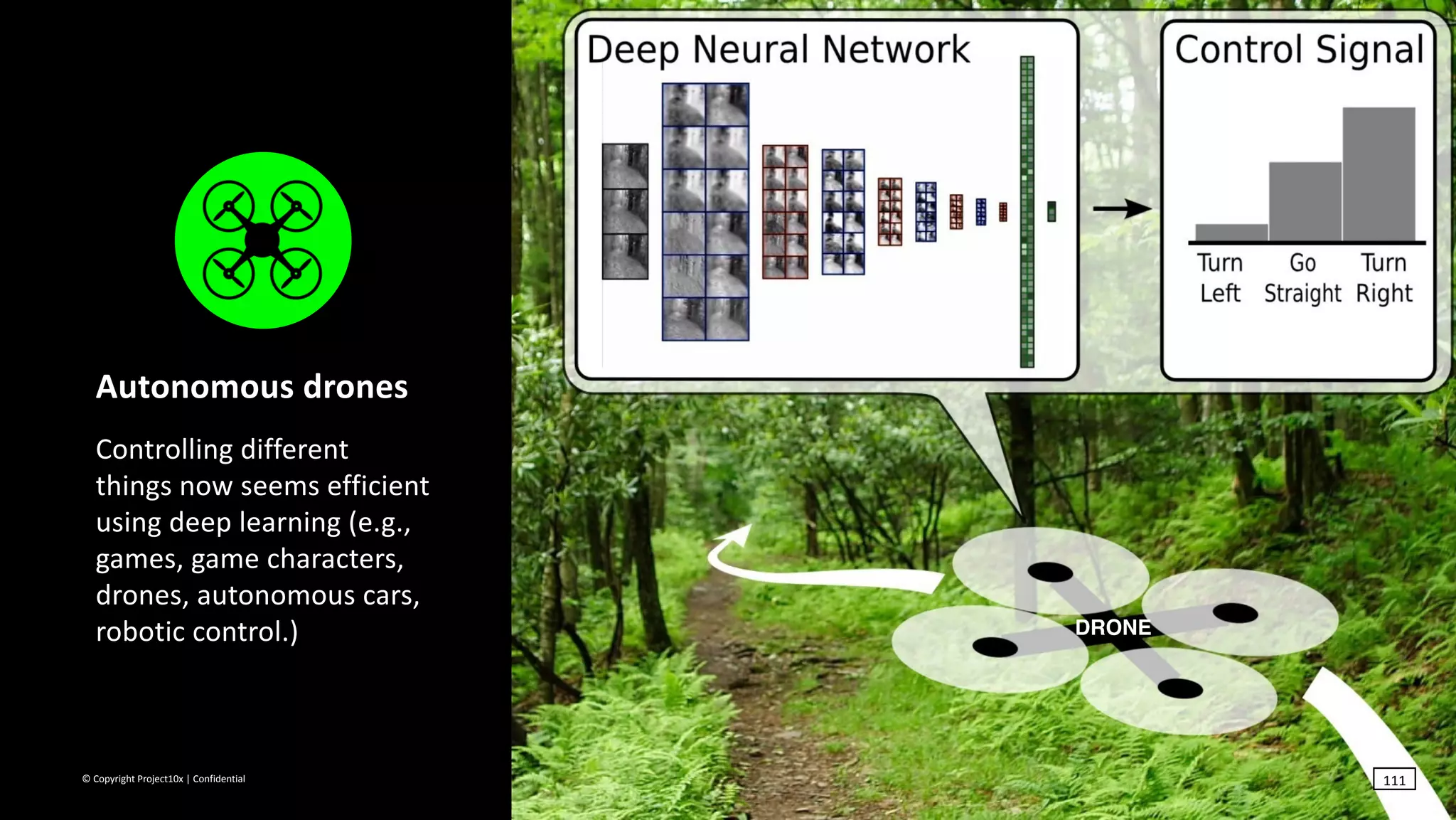 ©	Copyright	Project10x	|	Confidential
DRONE
Autonomous	drones	
Controlling	different	
things	now	seems	efficient	
using	deep	learning	(e.g.,	
games,	game	characters,	
drones,	autonomous	cars,	
robotic	control.)
111
 