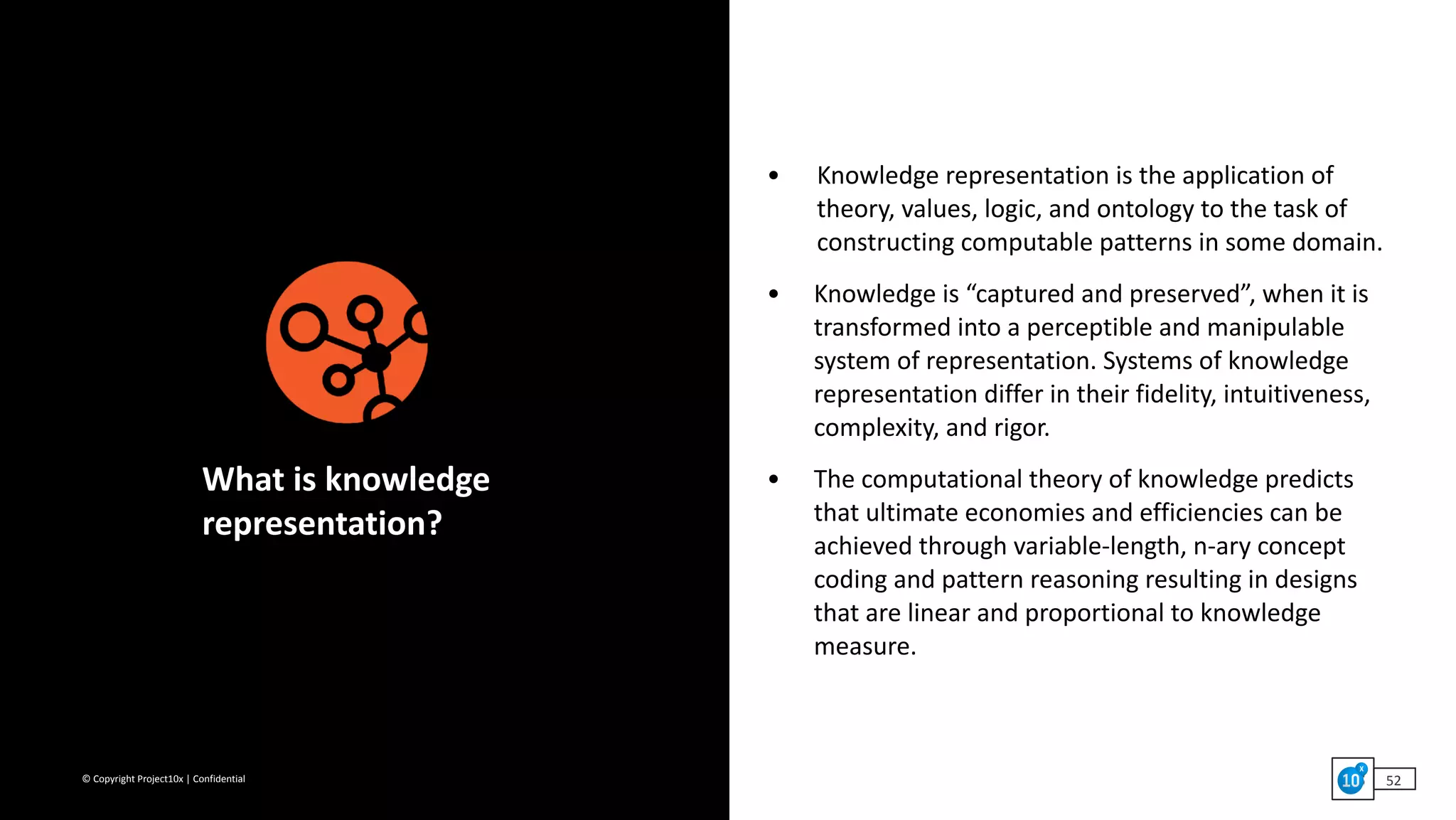 ©	Copyright	Project10x	|	Confidential
• Knowledge	representation	is	the	application	of	
theory,	values,	logic,	and	ontology	to	the	task	of	
constructing	computable	patterns	in	some	domain.	
• Knowledge	is	“captured	and	preserved”,	when	it	is	
transformed	into	a	perceptible	and	manipulable	
system	of	representation.	Systems	of	knowledge	
representation	differ	in	their	fidelity,	intuitiveness,	
complexity,	and	rigor.		
• The	computational	theory	of	knowledge	predicts	
that	ultimate	economies	and	efficiencies	can	be	
achieved	through	variable-length,	n-ary	concept	
coding	and	pattern	reasoning	resulting	in	designs	
that	are	linear	and	proportional	to	knowledge	
measure.
What	is	knowledge	
representation?
52
 