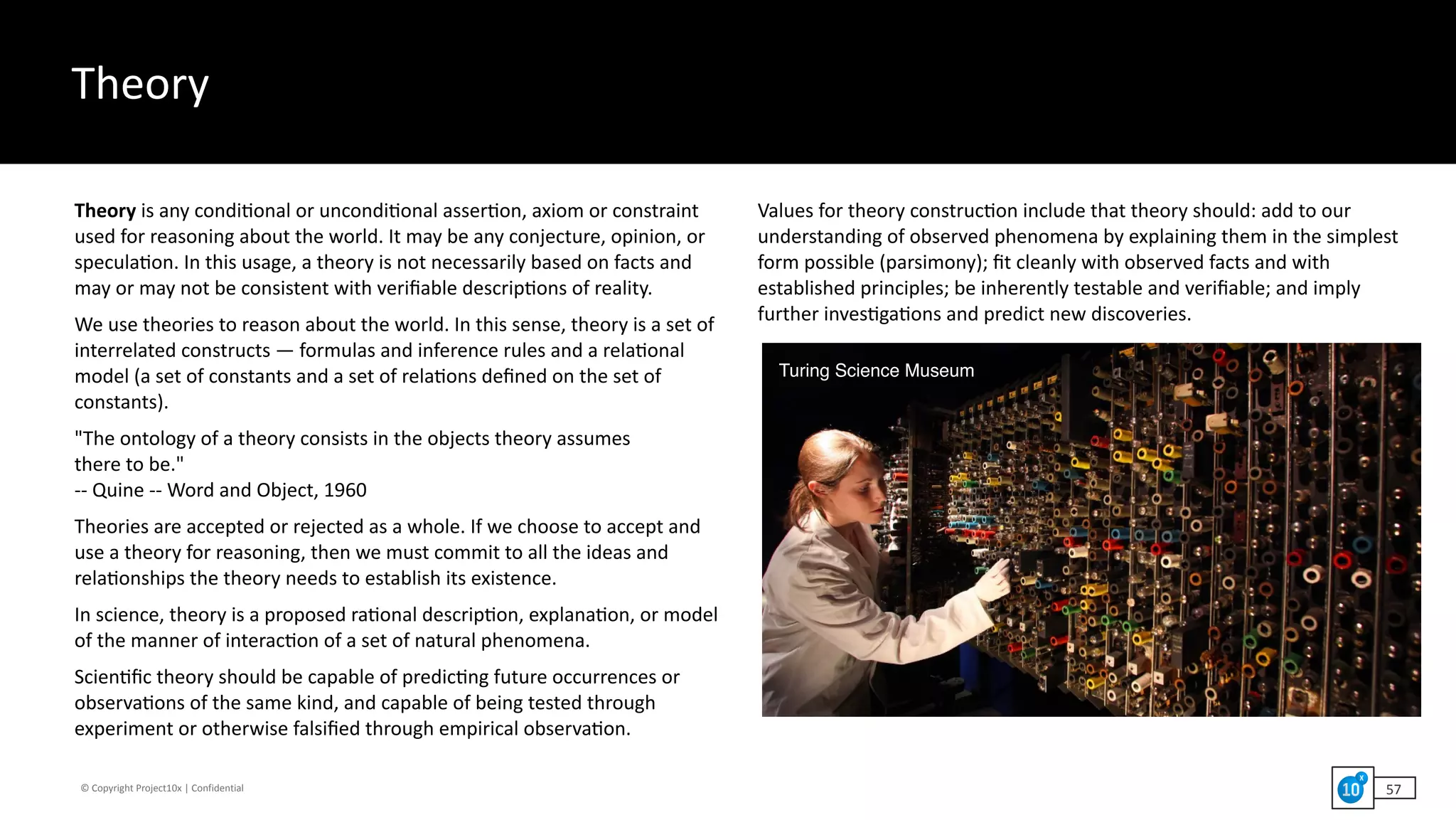 ©	Copyright	Project10x	|	Confidential
Theory	is	any	condi`onal	or	uncondi`onal	asser`on,	axiom	or	constraint	 
used	for	reasoning	about	the	world.	It	may	be	any	conjecture,	opinion,	or	
specula`on.	In	this	usage,	a	theory	is	not	necessarily	based	on	facts	and	
may	or	may	not	be	consistent	with	veriﬁable	descrip`ons	of	reality.		
We	use	theories	to	reason	about	the	world.	In	this	sense,	theory	is	a	set	of	
interrelated	constructs	—	formulas	and	inference	rules	and	a	rela`onal	
model	(a	set	of	constants	and	a	set	of	rela`ons	deﬁned	on	the	set	of	
constants).	
"The	ontology	of	a	theory	consists	in	the	objects	theory	assumes	 
there	to	be."	 
--	Quine	--	Word	and	Object,	1960	
Theories	are	accepted	or	rejected	as	a	whole.	If	we	choose	to	accept	and	
use	a	theory	for	reasoning,	then	we	must	commit	to	all	the	ideas	and	
rela`onships	the	theory	needs	to	establish	its	existence.		
In	science,	theory	is	a	proposed	ra`onal	descrip`on,	explana`on,	or	model	
of	the	manner	of	interac`on	of	a	set	of	natural	phenomena.		
Scien`ﬁc	theory	should	be	capable	of	predic`ng	future	occurrences	or	
observa`ons	of	the	same	kind,	and	capable	of	being	tested	through	
experiment	or	otherwise	falsiﬁed	through	empirical	observa`on.		
Values	for	theory	construc`on	include	that	theory	should:	add	to	our	
understanding	of	observed	phenomena	by	explaining	them	in	the	simplest	
form	possible	(parsimony);	ﬁt	cleanly	with	observed	facts	and	with	
established	principles;	be	inherently	testable	and	veriﬁable;	and	imply	
further	inves`ga`ons	and	predict	new	discoveries.
Theory
Claude Shannon
57
Turing Science Museum
 