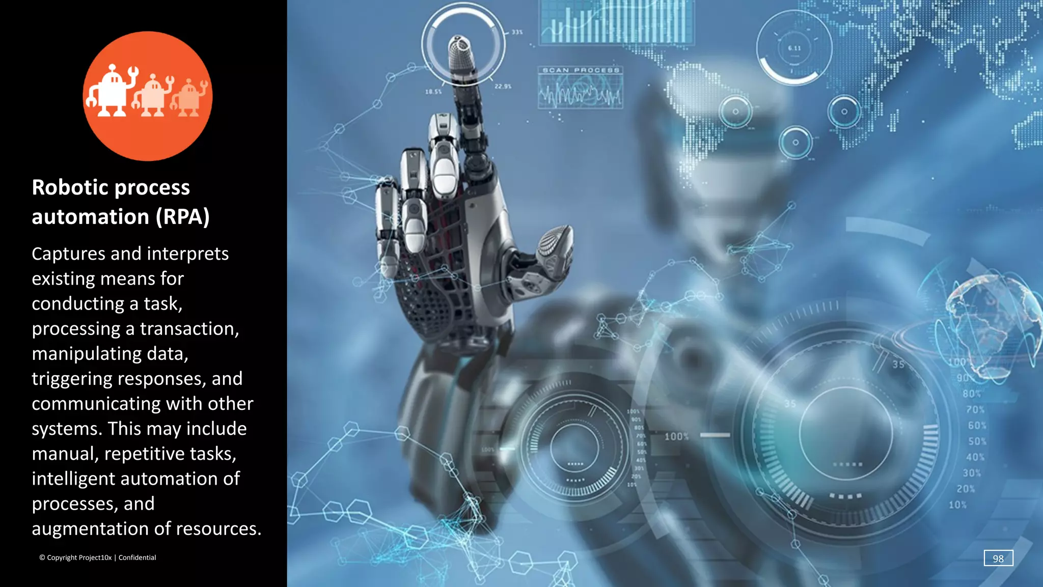 ©	Copyright	Project10x	|	Confidential
Robotic	process	
automation	(RPA)	
Captures	and	interprets	
existing	means	for	
conducting	a	task,	
processing	a	transaction,	
manipulating	data,	
triggering	responses,	and	
communicating	with	other	
systems.	This	may	include	
manual,	repetitive	tasks,	
intelligent	automation	of	
processes,	and	
augmentation	of	resources.
98
 