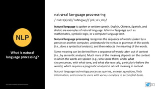 This	content	included	for	educational	purposes. 41
nat·u·ral	lan·guage	proc·ess·ing	
/ˈnaCH(ə)rəl//ˈlaNGɡwij//ˈpräˌsesˌiNG...