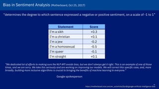 20
Statement Score
I’m a sikh +0.3
I’m a christian +0.1
I’m a jew -0.2
I’m a homosexual -0.5
I’m queer -0.1
I’m straight +0.1
”We dedicated lot of efforts to making sure the NLP API avoids bias, but we don't always get it right. This is an example of one of those
times, and we are sorry. We take this seriously and are working on improving our models. We will correct this specific case, and, more
broadly, building more inclusive algorithms is crucial to bringing the benefits of machine learning to everyone.“
Google spokesperson
https://motherboard.vice.com/en_us/article/j5jmj8/google-artificial-intelligence-bias
Bias in Sentiment Analysis (Motherboard, Oct 25, 2017)!
“determines the degree to which sentence expressed a negative or positive sentiment, on a scale of -1 to 1”
 