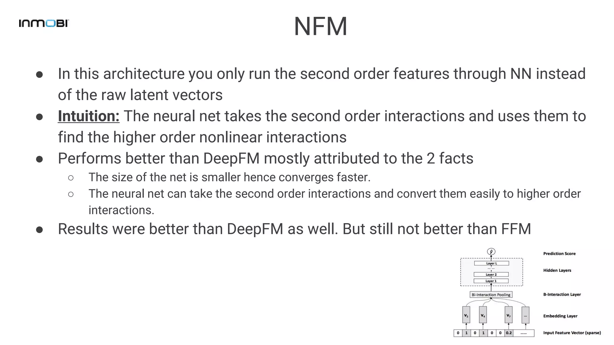 NFM
● In this architecture you only run the second order features through NN instead
of the raw latent vectors
● Intuition: The neural net takes the second order interactions and uses them to
find the higher order nonlinear interactions
● Performs better than DeepFM mostly attributed to the 2 facts
○ The size of the net is smaller hence converges faster.
○ The neural net can take the second order interactions and convert them easily to higher order
interactions.
● Results were better than DeepFM as well. But still not better than FFM
 